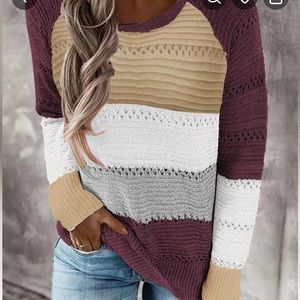 Crew knit sweater, grey tan and burgundy 🍁